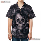 Red Gothic Floral Skull Hawaiian Shirt Unisex, Tattoo Grunge Aloha Top