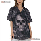 Red Gothic Floral Skull Hawaiian Shirt Unisex, Tattoo Grunge Aloha Top