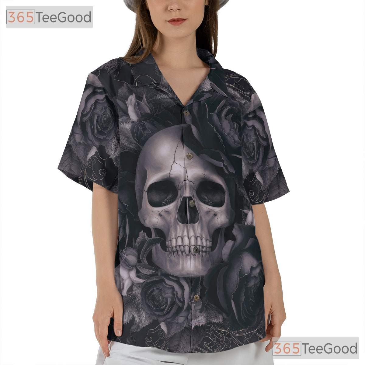 Red Gothic Floral Skull Hawaiian Shirt Unisex, Tattoo Grunge Aloha Top