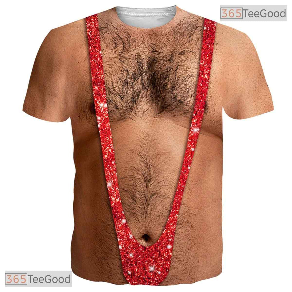 Red Hairy Chest Fake Abs Costume Novelty 3D Graphic Printed Casual Unisex Tee Shirt