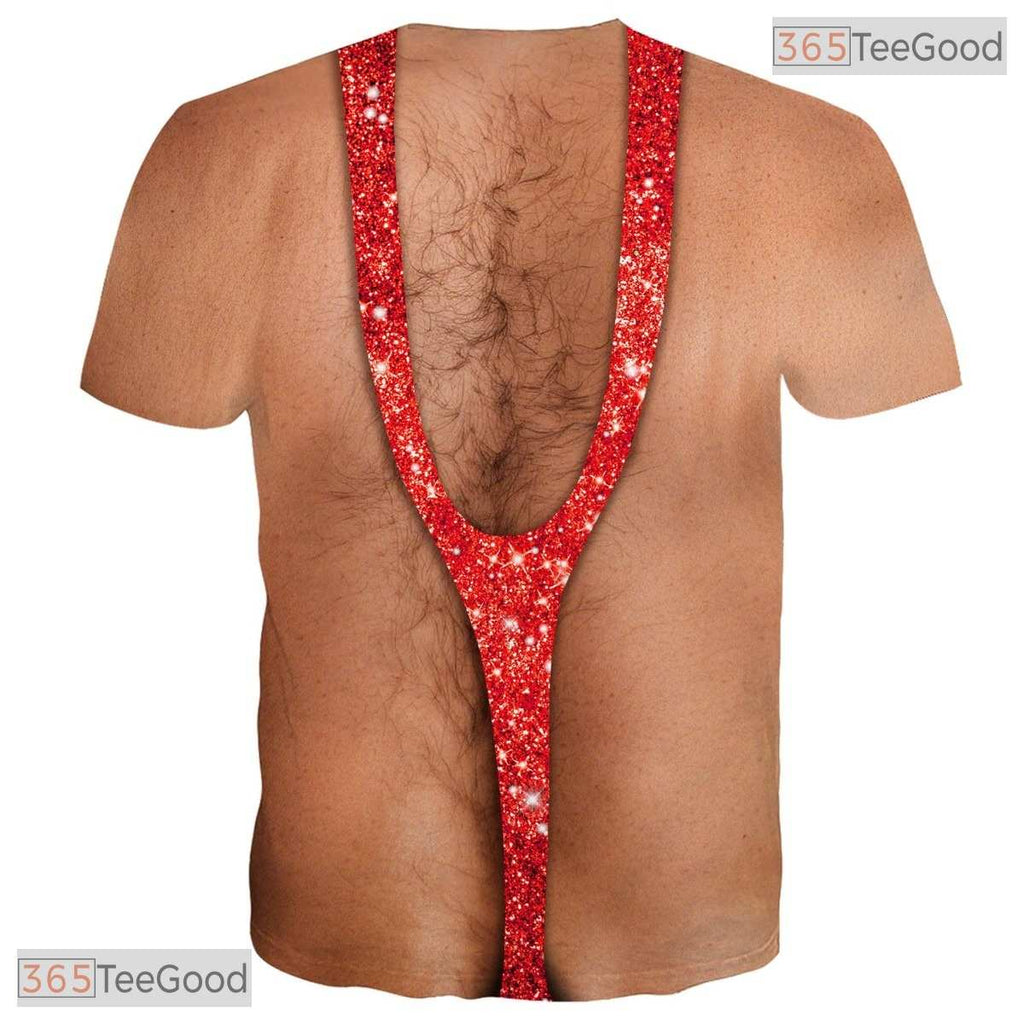 Red Hairy Chest Fake Abs Costume Novelty 3D Graphic Printed Casual Unisex Tee Shirt
