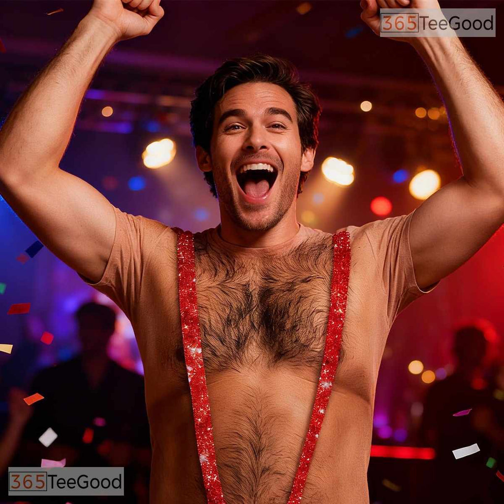 Red Hairy Chest Fake Abs Costume Novelty 3D Graphic Printed Casual Unisex Tee Shirt