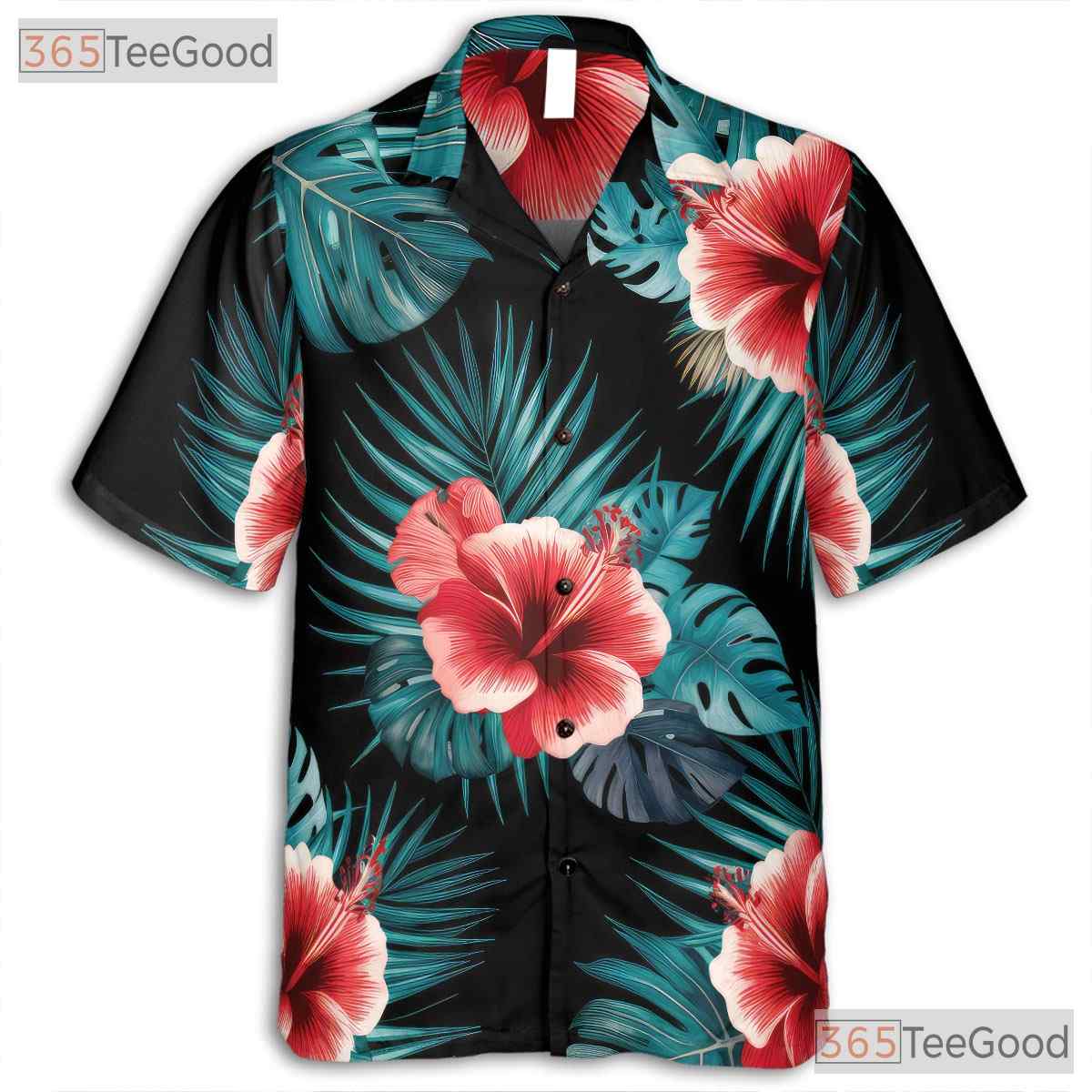 Red Hibiscus Floral Print Aloha Beach Hawaiian Shirt Unisex Vacation Top Tee