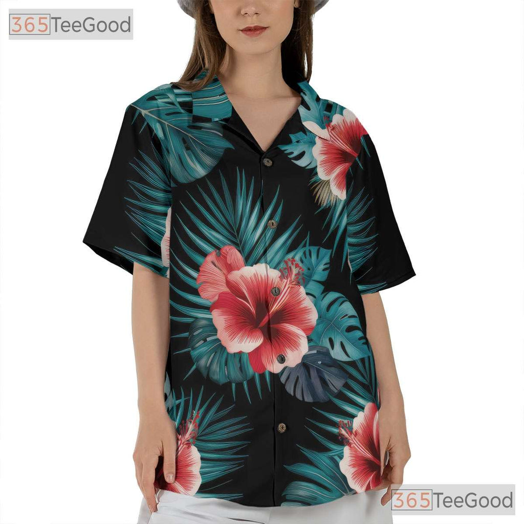 Red Hibiscus Floral Print Aloha Beach Hawaiian Shirt Unisex Vacation Top Tee