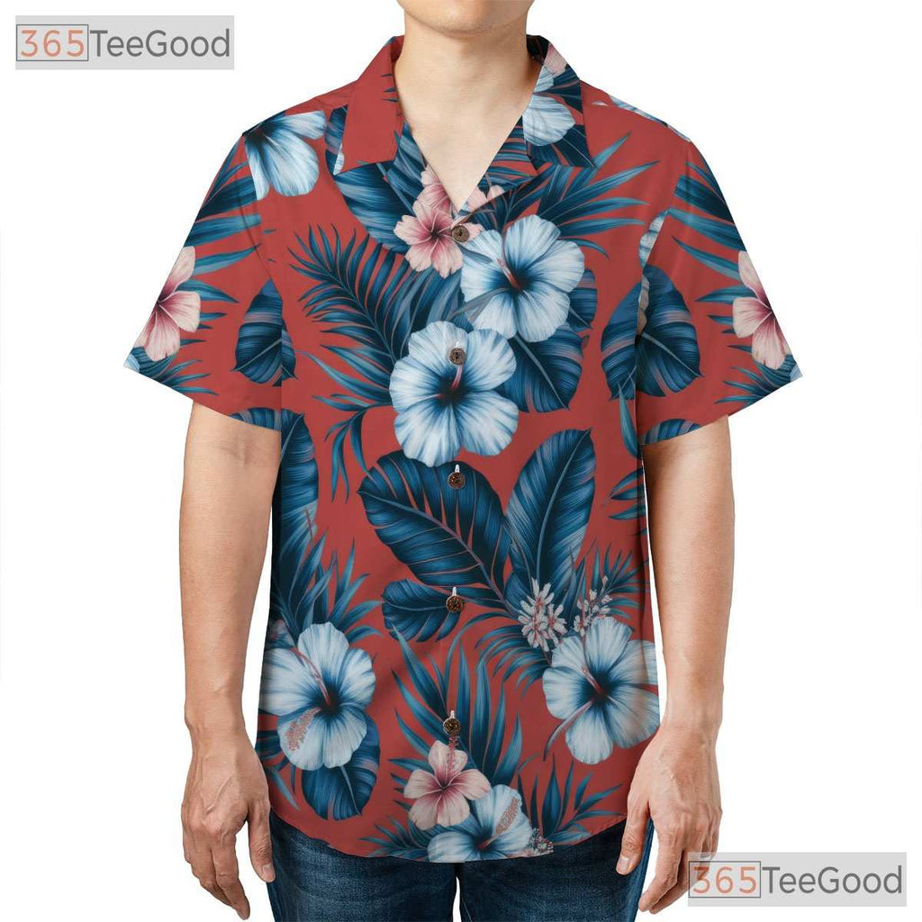 Red Palm Leaf Hibiscus Hawaiian Shirt- Unisex Tropical Floral Aloha Summer Top
