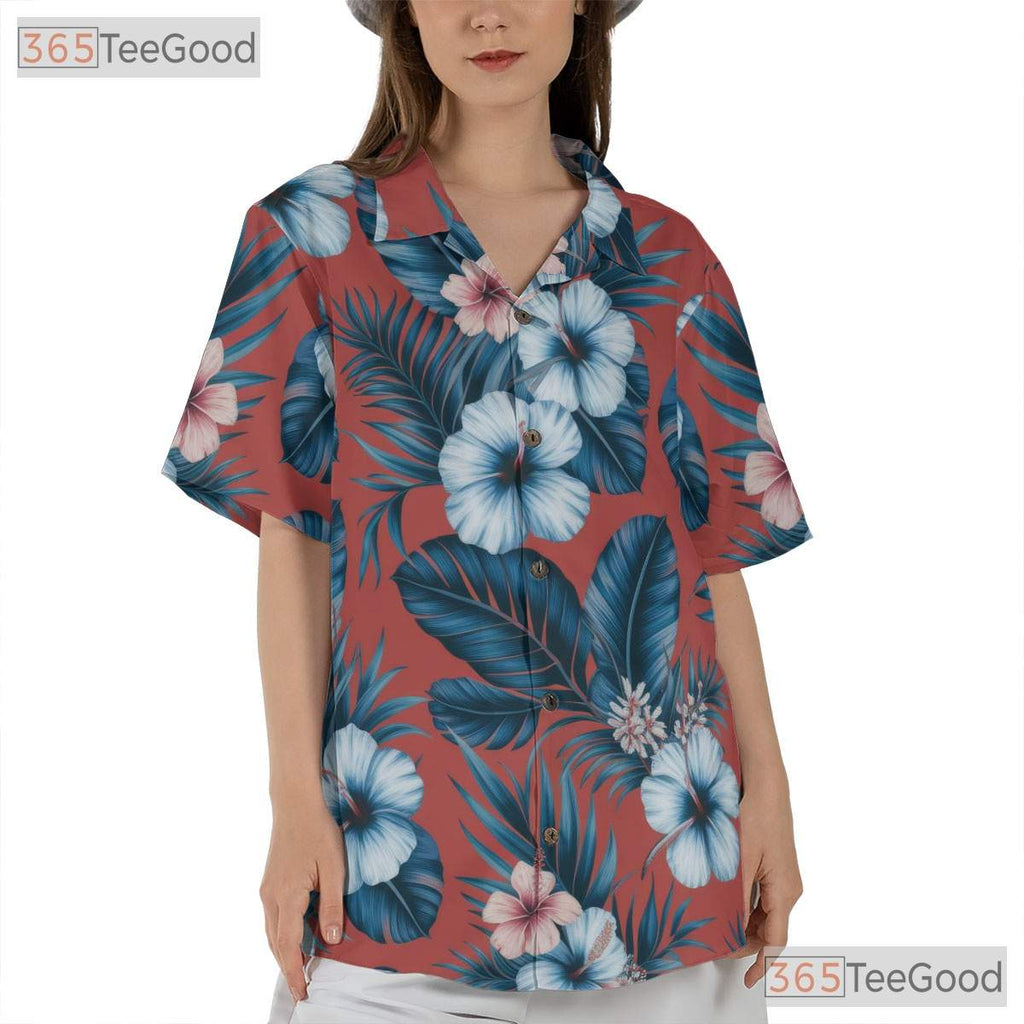 Red Palm Leaf Hibiscus Hawaiian Shirt- Unisex Tropical Floral Aloha Summer Top