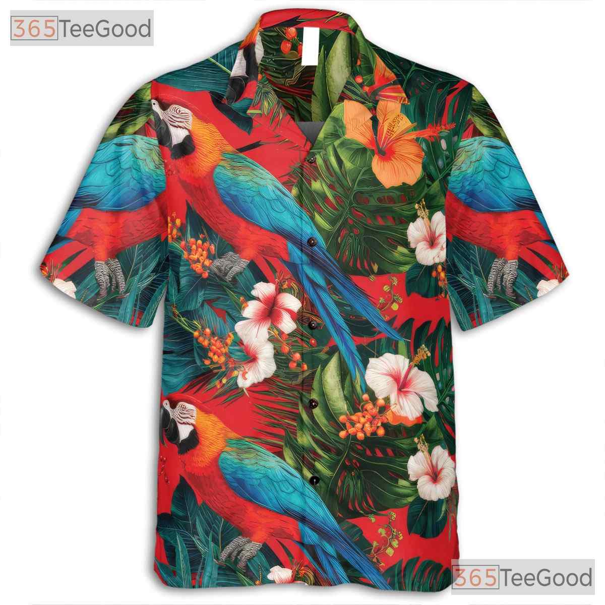 Red Parrot Hibiscus Floral Casual Tropical Hawaiian Tee Men Women Summer Top Tee