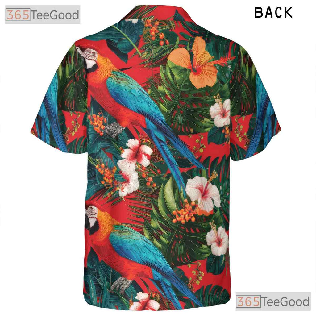 Red Parrot Hibiscus Floral Casual Tropical Hawaiian Tee Men Women Summer Top Tee