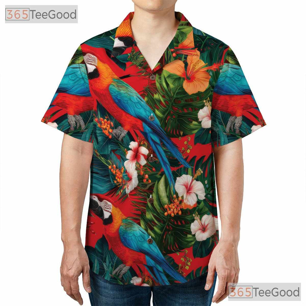 Red Parrot Hibiscus Floral Casual Tropical Hawaiian Tee Men Women Summer Top Tee