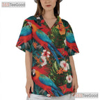 Red Parrot Hibiscus Floral Casual Tropical Hawaiian Tee Men Women Summer Top Tee