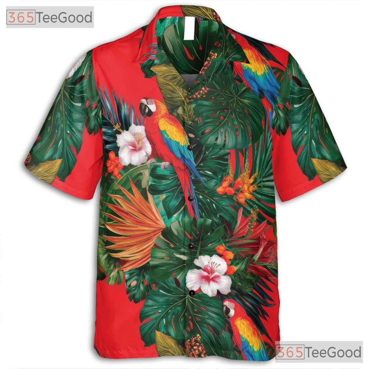 Red Parrot Hibiscus Floral Tropical Casual Hawaiian Shirt Unisex Summer Outfit