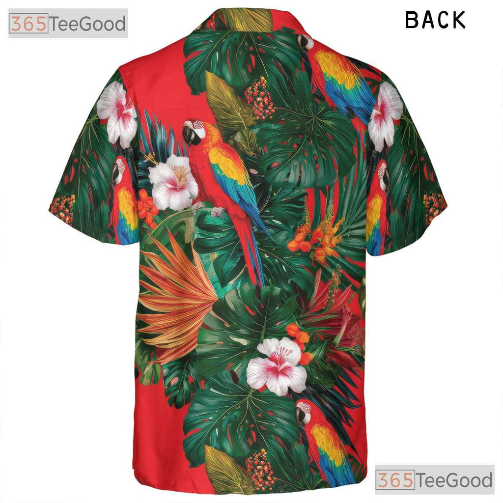 Red Parrot Hibiscus Floral Tropical Casual Hawaiian Shirt Unisex Summer Outfit