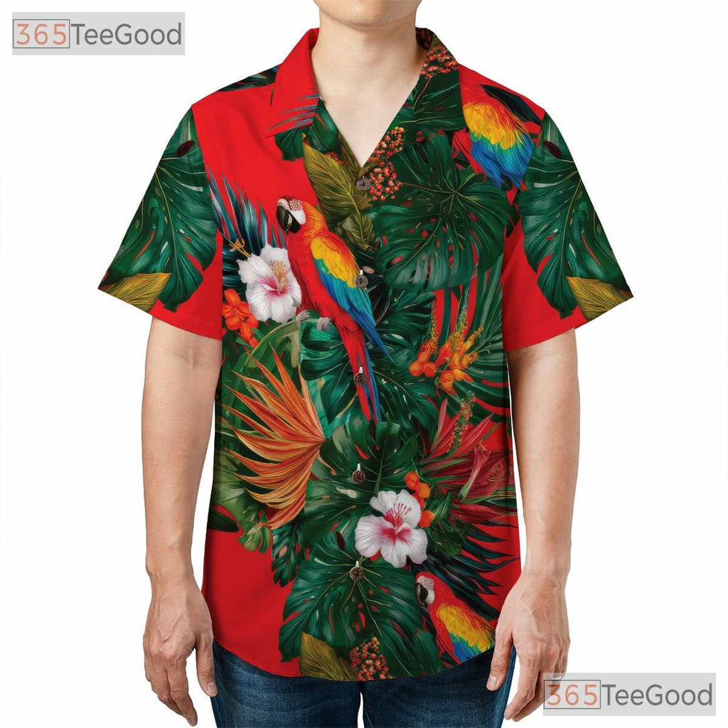 Red Parrot Hibiscus Floral Tropical Casual Hawaiian Shirt Unisex Summer Outfit