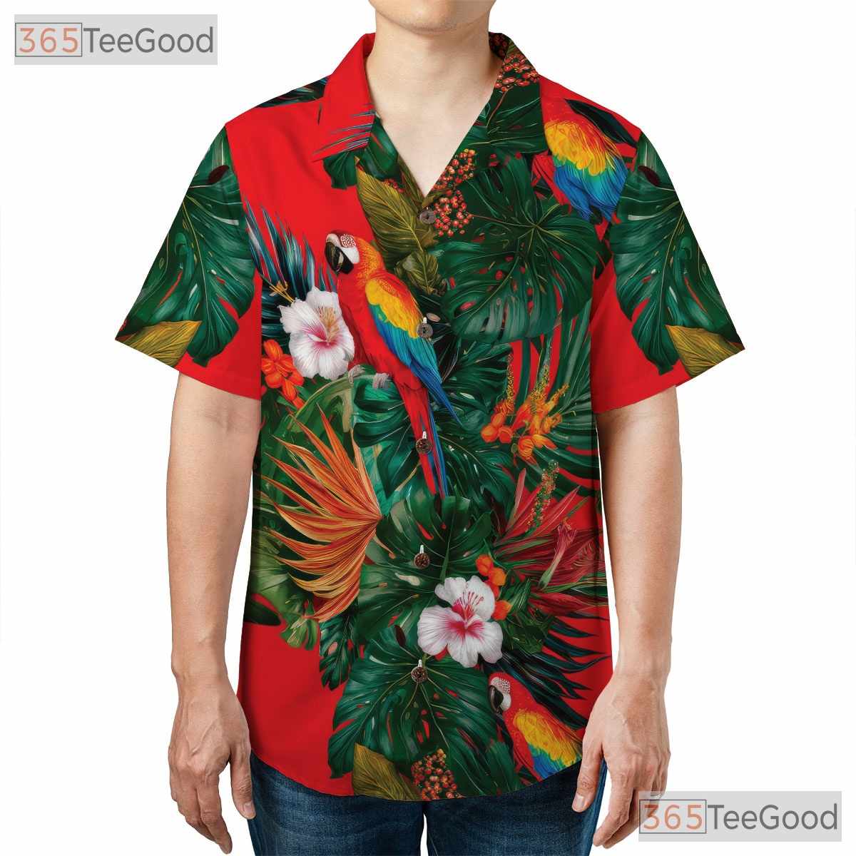Red Parrot Hibiscus Floral Tropical Casual Hawaiian Shirt Unisex Summer Outfit