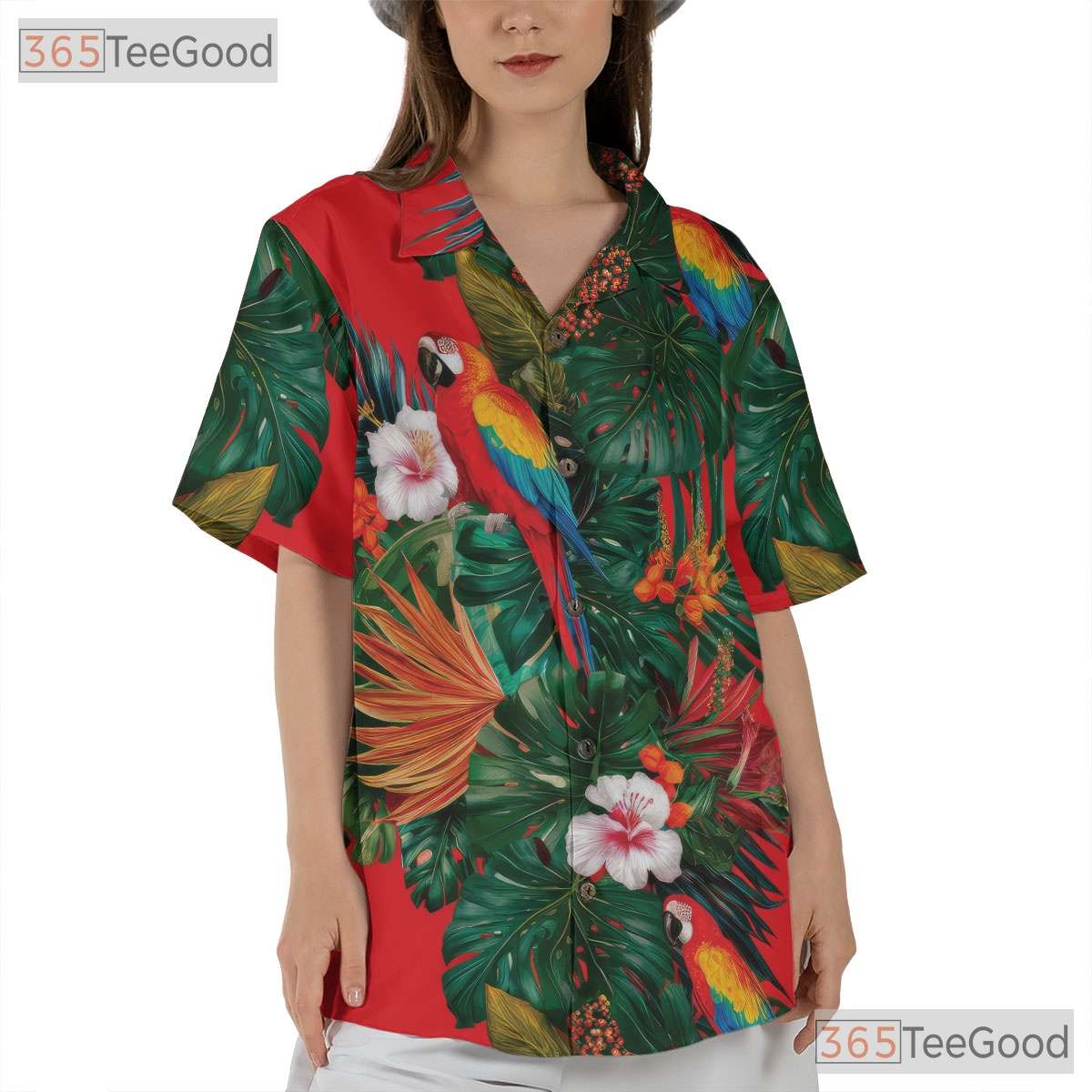 Red Parrot Hibiscus Floral Tropical Casual Hawaiian Shirt Unisex Summer Outfit