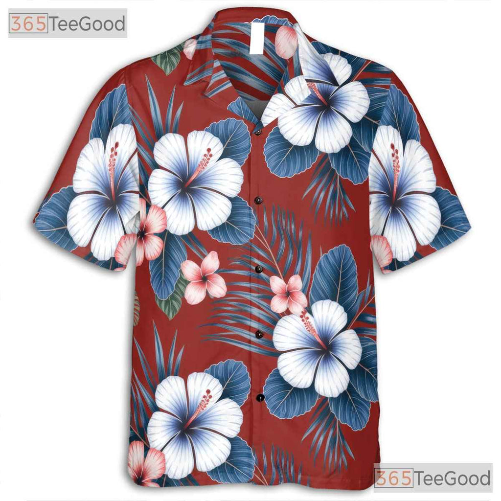 Red Seamless Floral Hawaiian Shirt- Unisex Tropical Hibiscus Palm Leaf Aloha