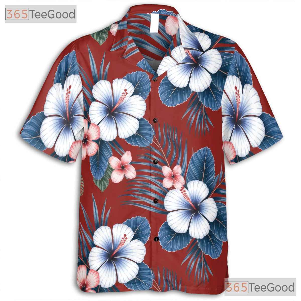 Red Seamless Floral Hawaiian Shirt- Unisex Tropical Hibiscus Palm Leaf Aloha
