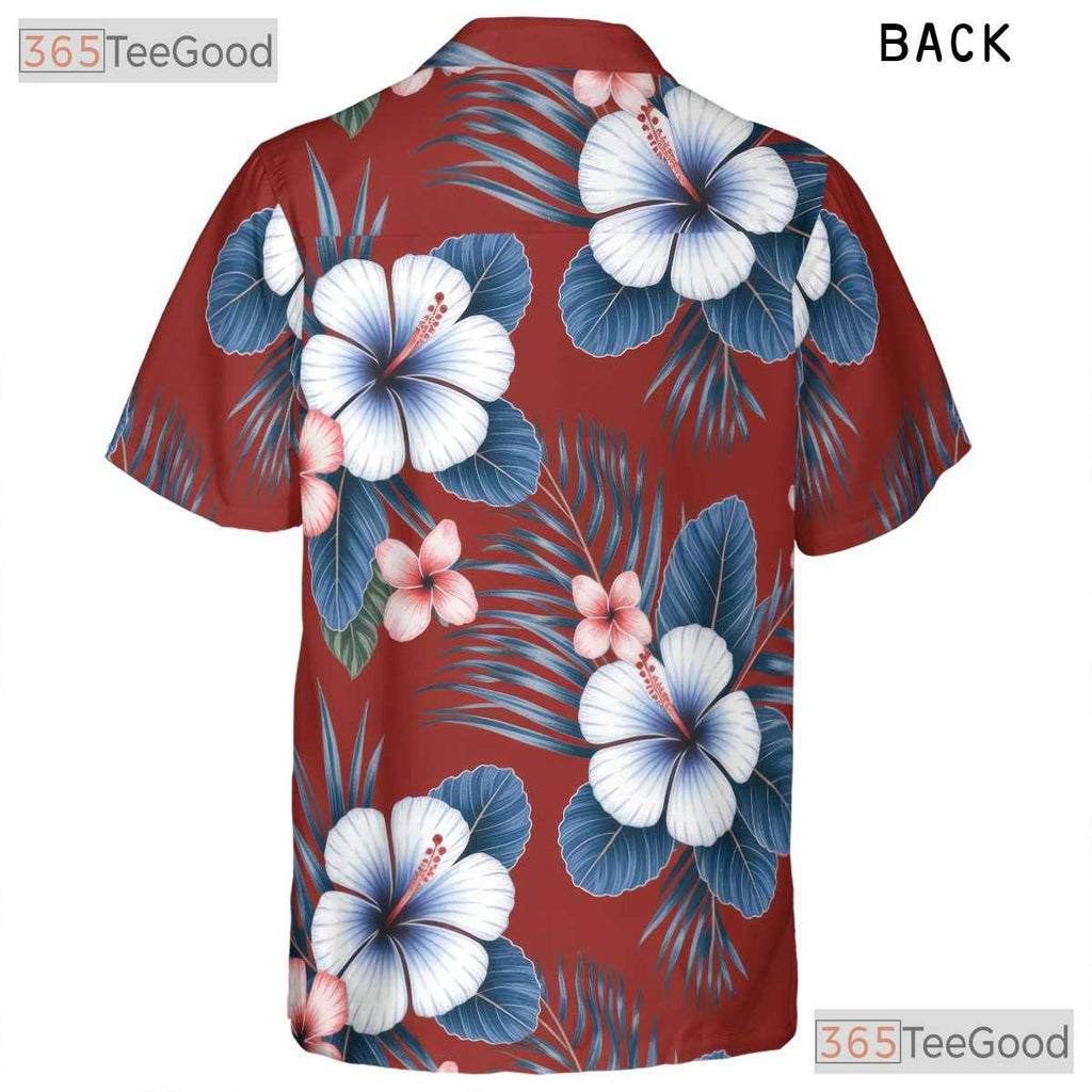 Red Seamless Floral Hawaiian Shirt- Unisex Tropical Hibiscus Palm Leaf Aloha