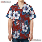 Red Seamless Floral Hawaiian Shirt- Unisex Tropical Hibiscus Palm Leaf Aloha