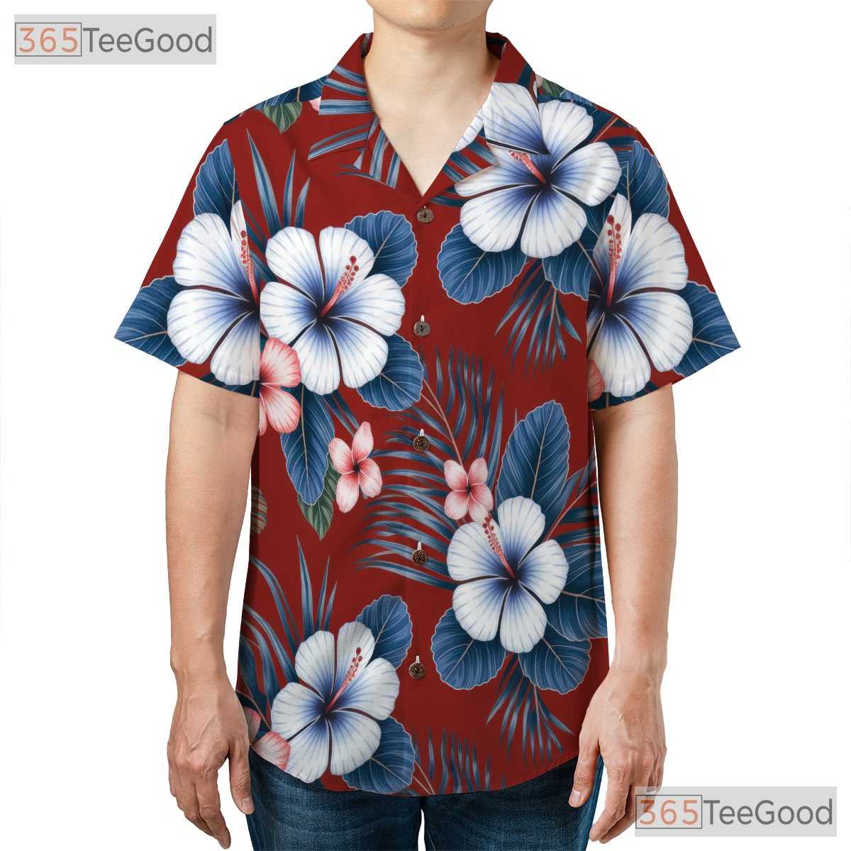 Red Seamless Floral Hawaiian Shirt- Unisex Tropical Hibiscus Palm Leaf Aloha