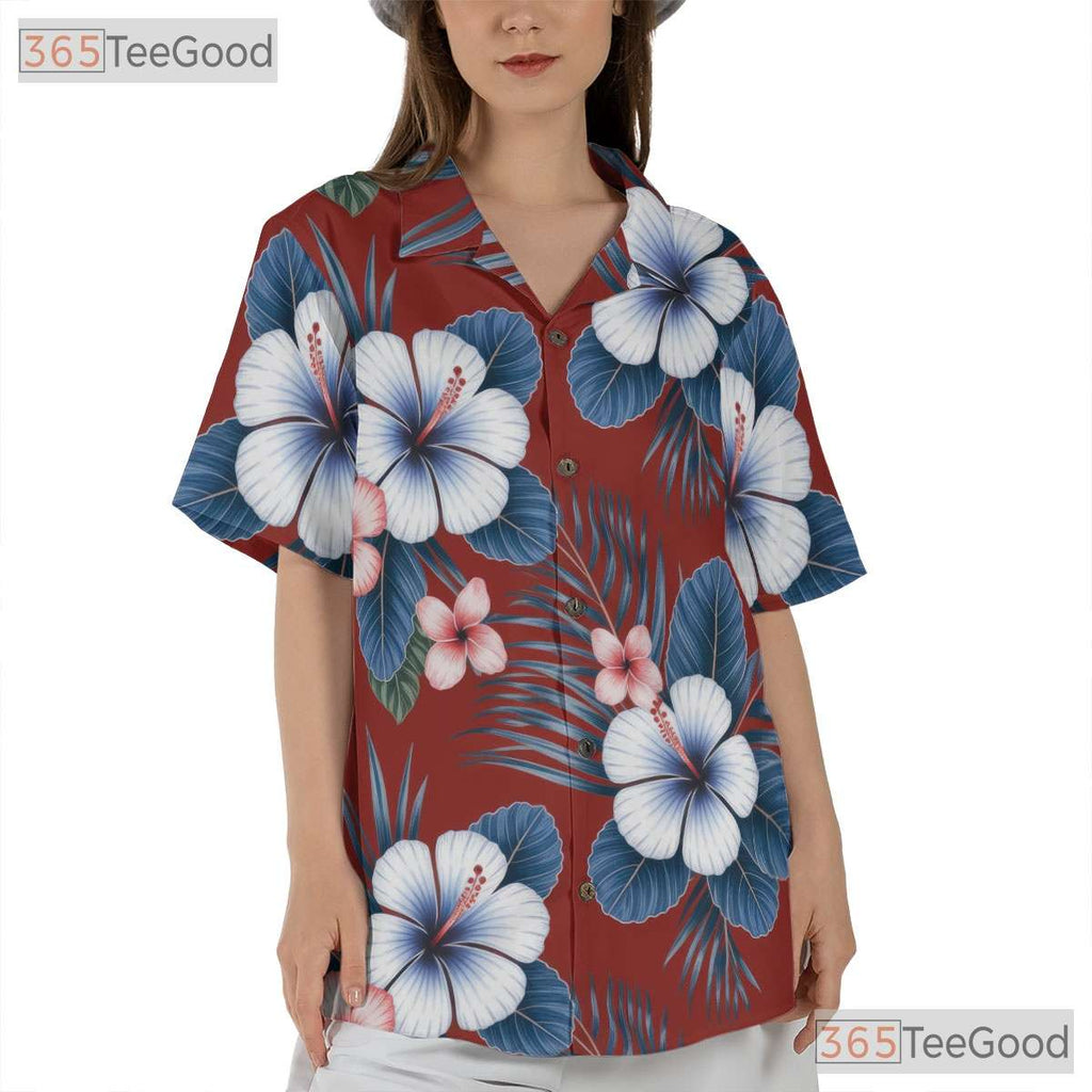 Red Seamless Floral Hawaiian Shirt- Unisex Tropical Hibiscus Palm Leaf Aloha