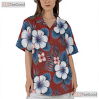 Red Seamless Floral Hawaiian Shirt- Unisex Tropical Hibiscus Palm Leaf Aloha
