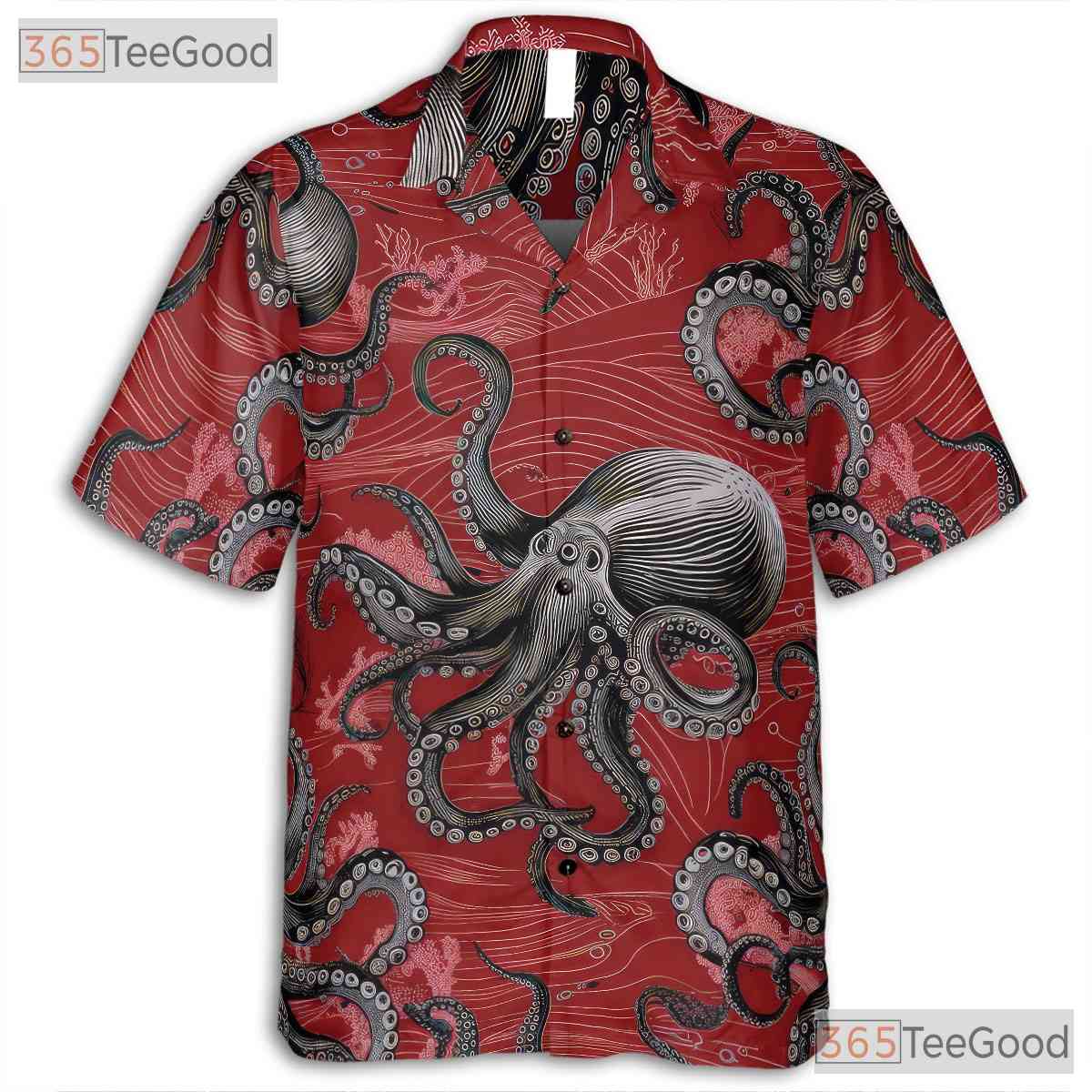 Red Vintage Nautical Octopus Hawaiian Shirt Unisex Sea Life Aloha Top