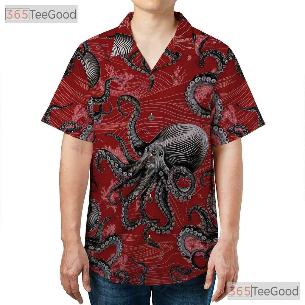 Red Vintage Nautical Octopus Hawaiian Shirt Unisex Sea Life Aloha Top