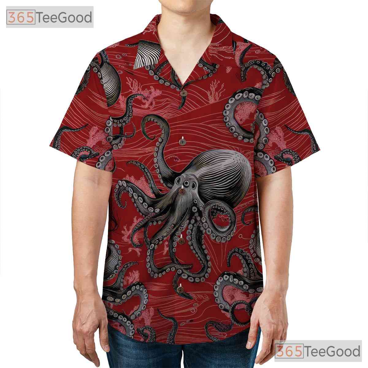 Red Vintage Nautical Octopus Hawaiian Shirt Unisex Sea Life Aloha Top