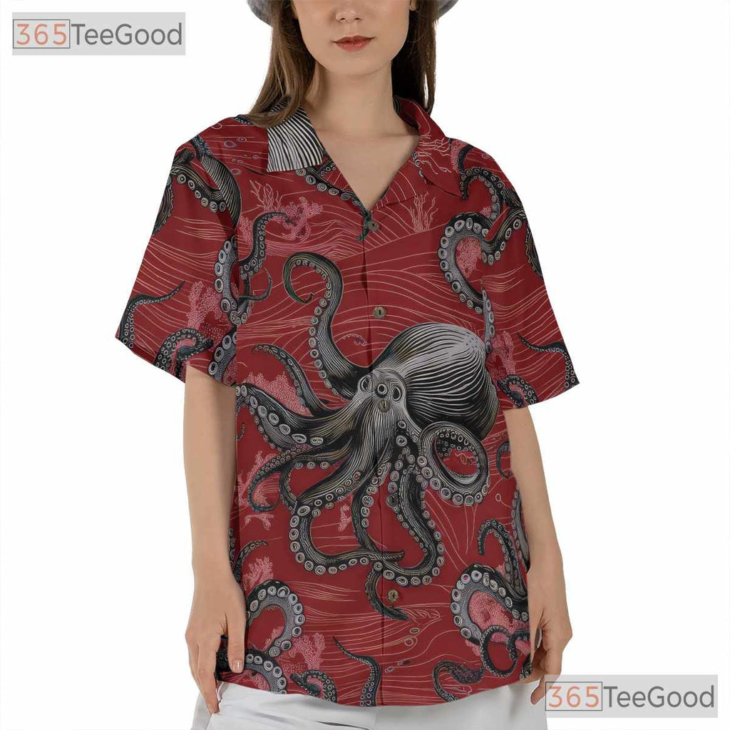 Red Vintage Nautical Octopus Hawaiian Shirt Unisex Sea Life Aloha Top