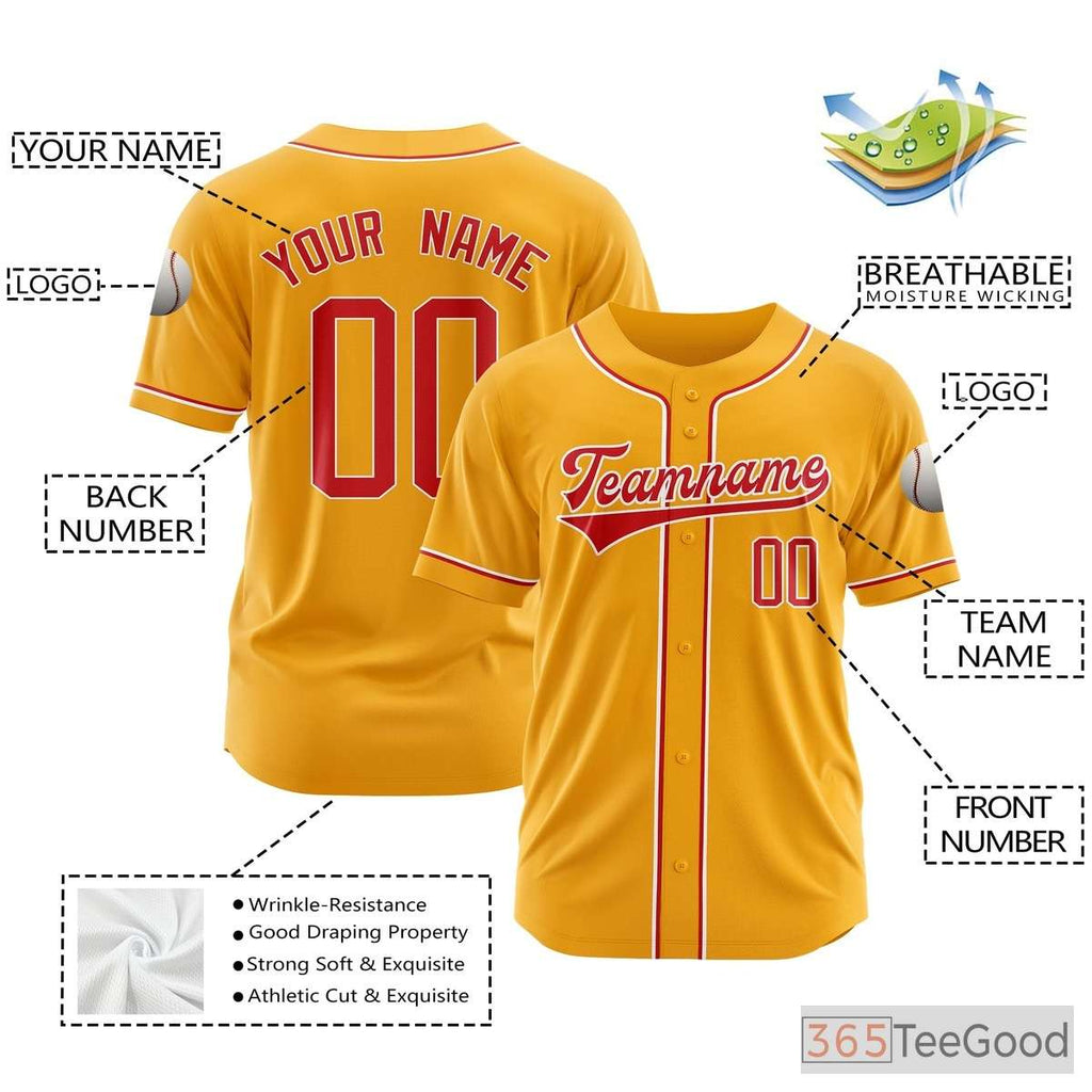 Red Yellow Baseball Jersey Tee for Men & Women - Personalized Player & Team Details