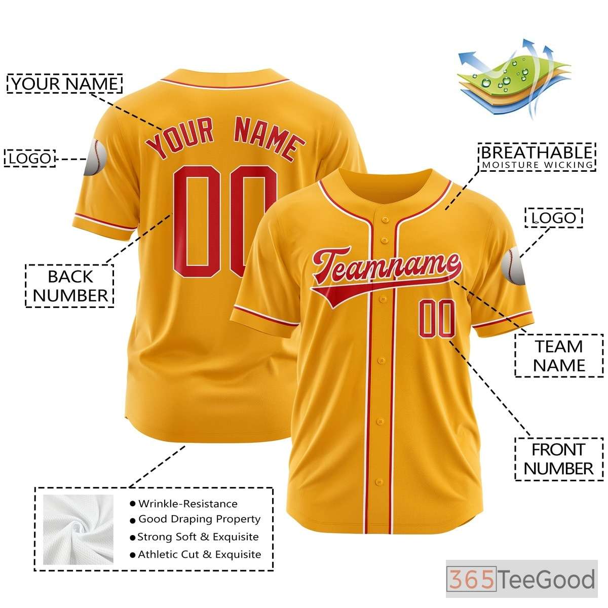 Red Yellow Baseball Jersey Tee for Men & Women - Personalized Player & Team Details