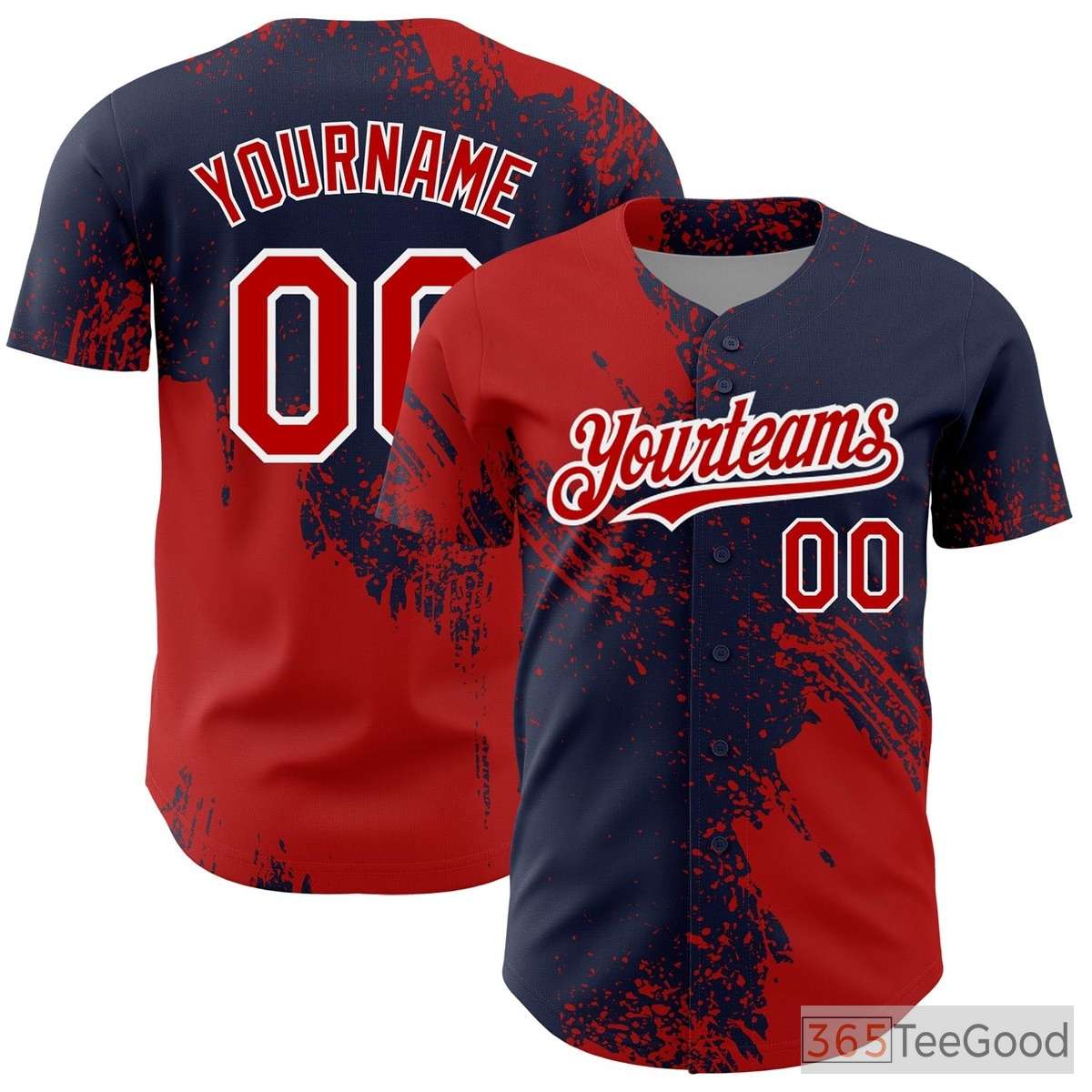 Red & Navy Blue Custom Full Button Baseball Jersey Tee - Stitched Player Details