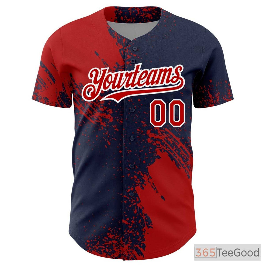 Red & Navy Blue Custom Full Button Baseball Jersey Tee - Stitched Player Details