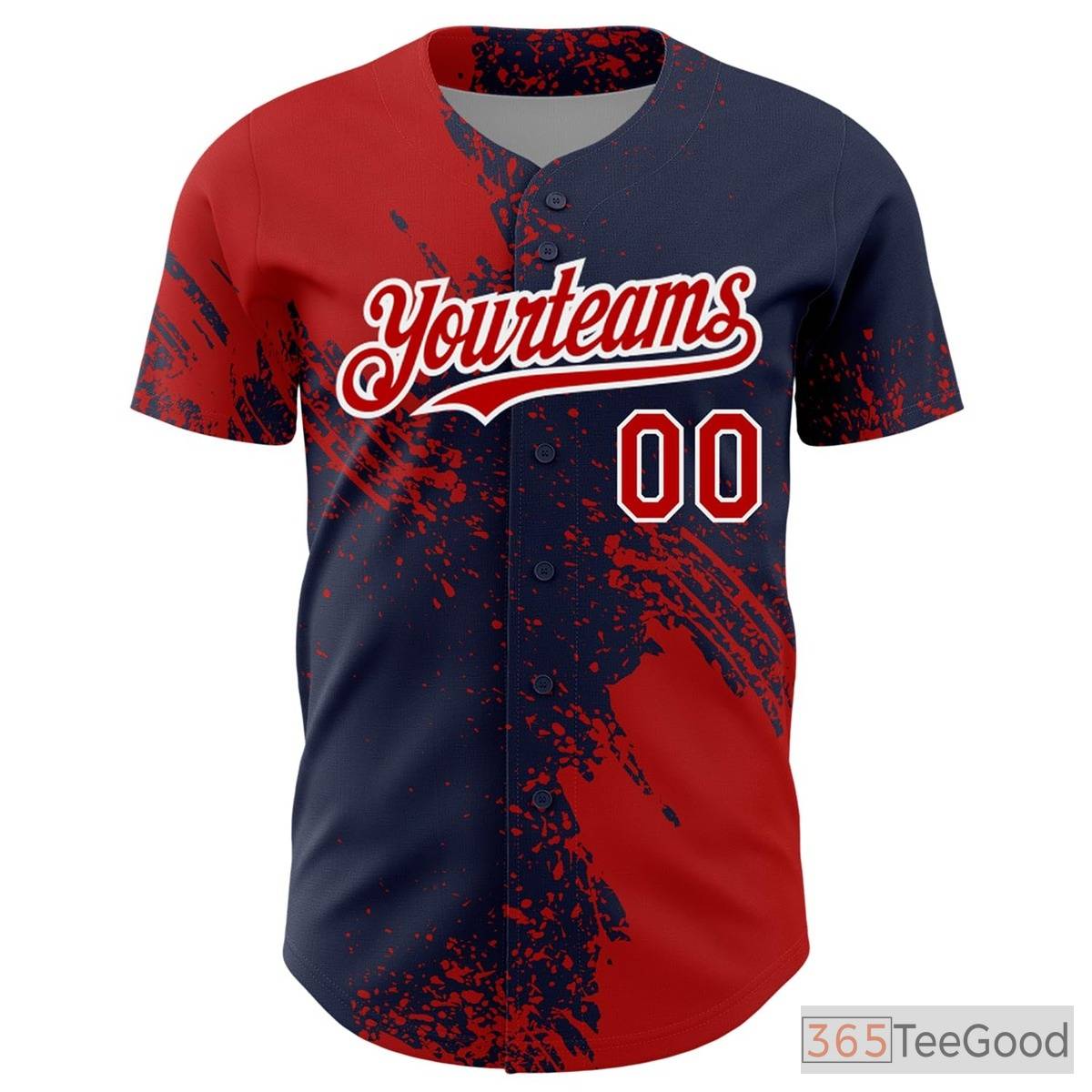 Red & Navy Blue Custom Full Button Baseball Jersey Tee - Stitched Player Details