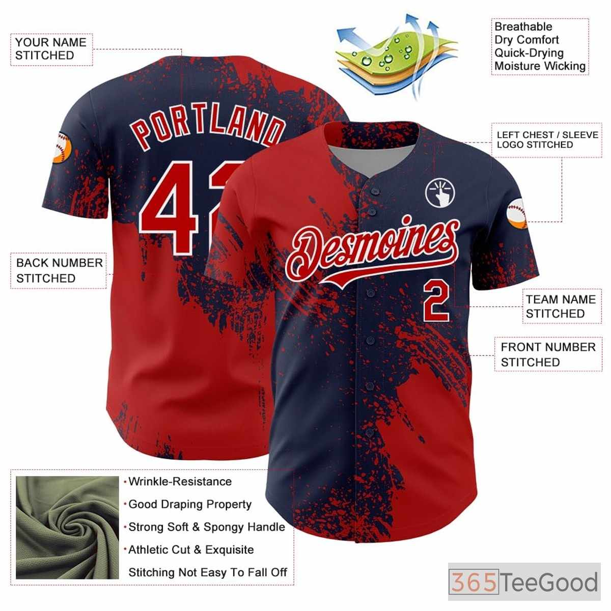 Red & Navy Blue Custom Full Button Baseball Jersey Tee - Stitched Player Details