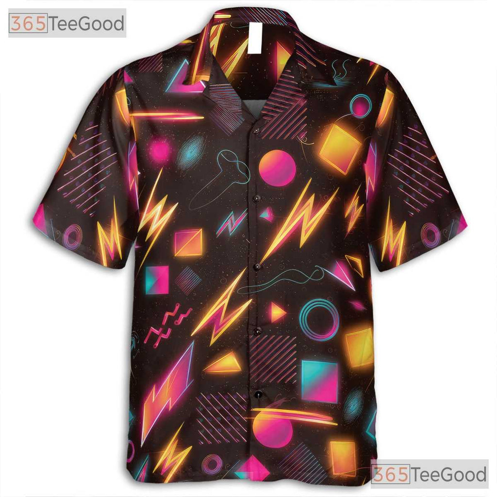 Retro 80s Neon Geometric Hawaiian Tee Unisex Print Summer Festival Style