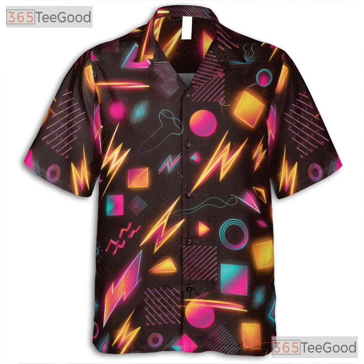 Retro 80s Neon Geometric Hawaiian Tee Unisex Print Summer Festival Style
