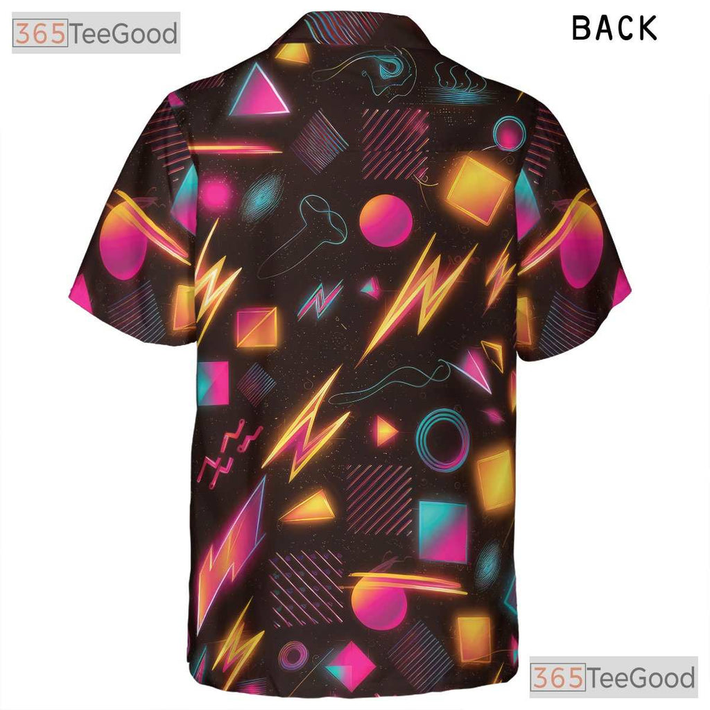 Retro 80s Neon Geometric Hawaiian Tee Unisex Print Summer Festival Style
