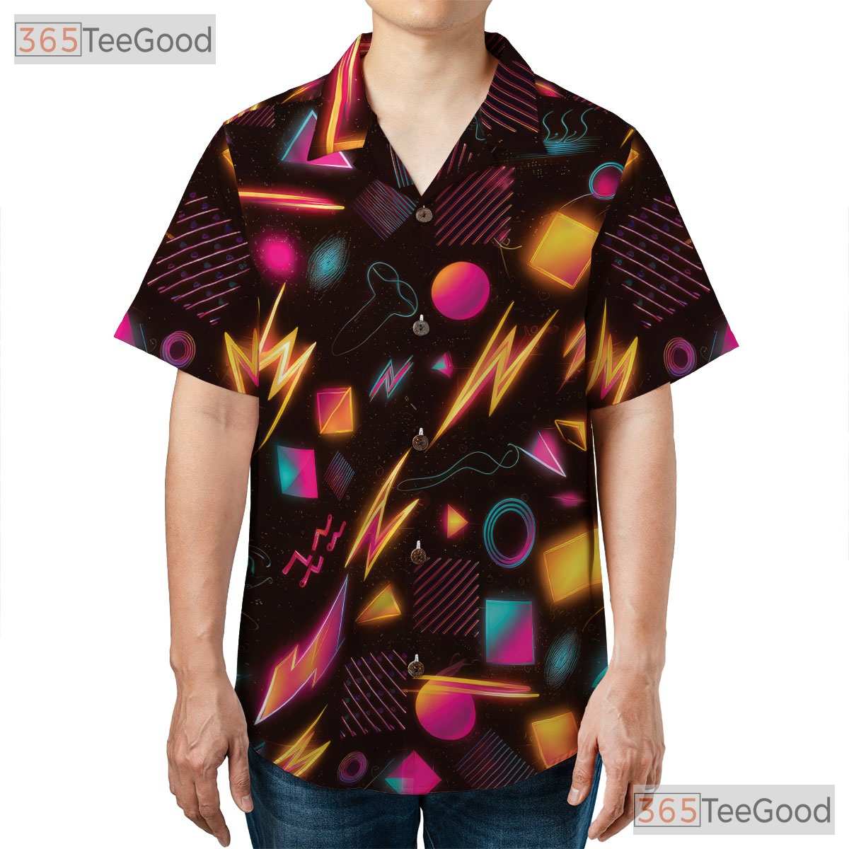 Retro 80s Neon Geometric Hawaiian Tee Unisex Print Summer Festival Style