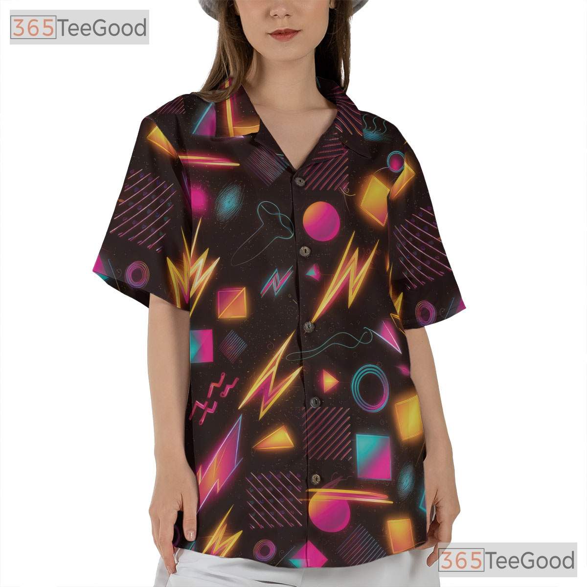 Retro 80s Neon Geometric Hawaiian Tee Unisex Print Summer Festival Style