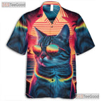 Retro 80s Synthwave Neon Cat Sunset Beach Aesthetic Hawaiian Shirt Unisex