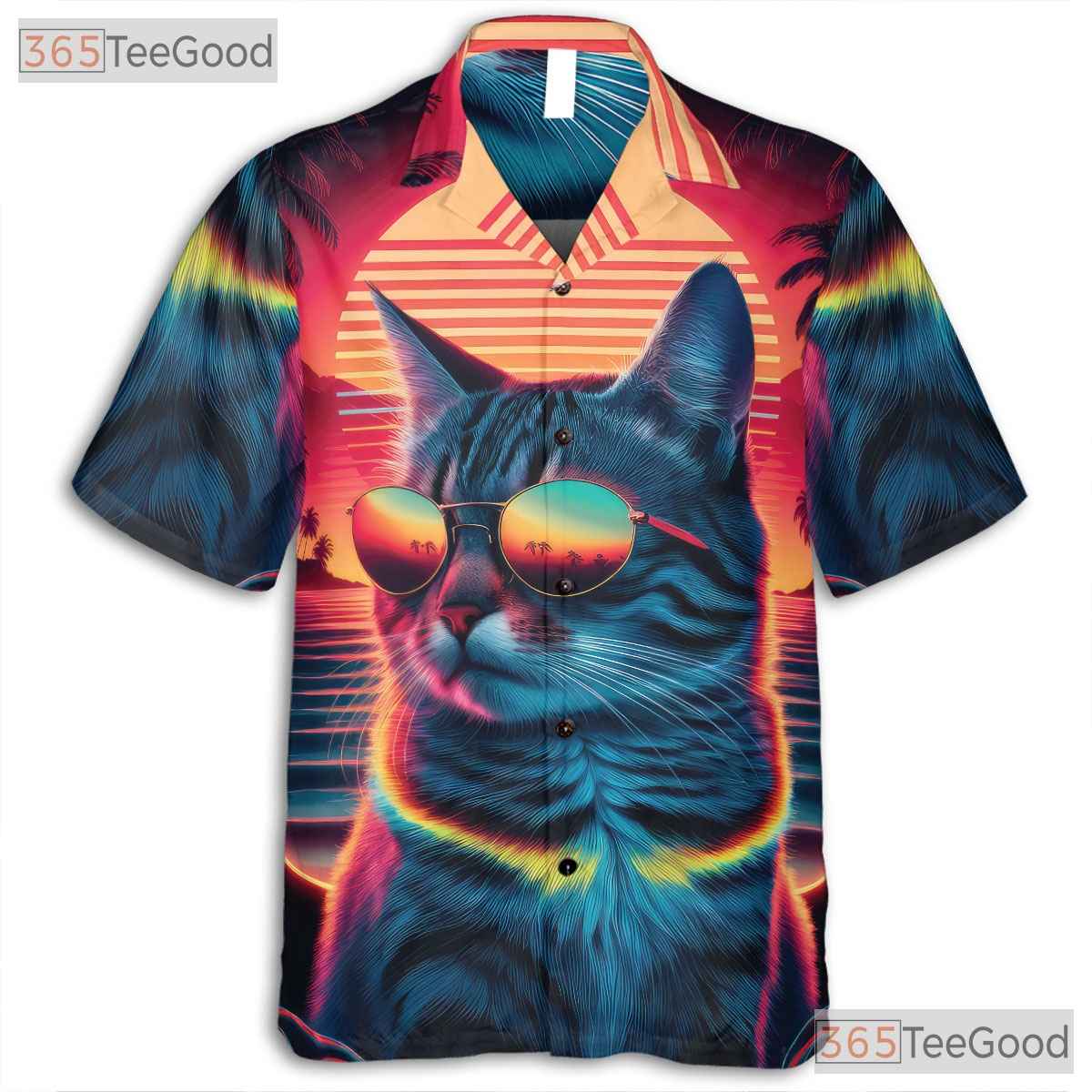 Retro 80s Synthwave Neon Cat Sunset Beach Aesthetic Hawaiian Shirt Unisex