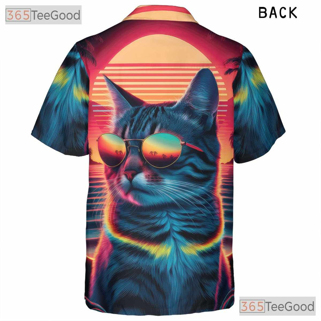 Retro 80s Synthwave Neon Cat Sunset Beach Aesthetic Hawaiian Shirt Unisex