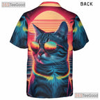 Retro 80s Synthwave Neon Cat Sunset Beach Aesthetic Hawaiian Shirt Unisex