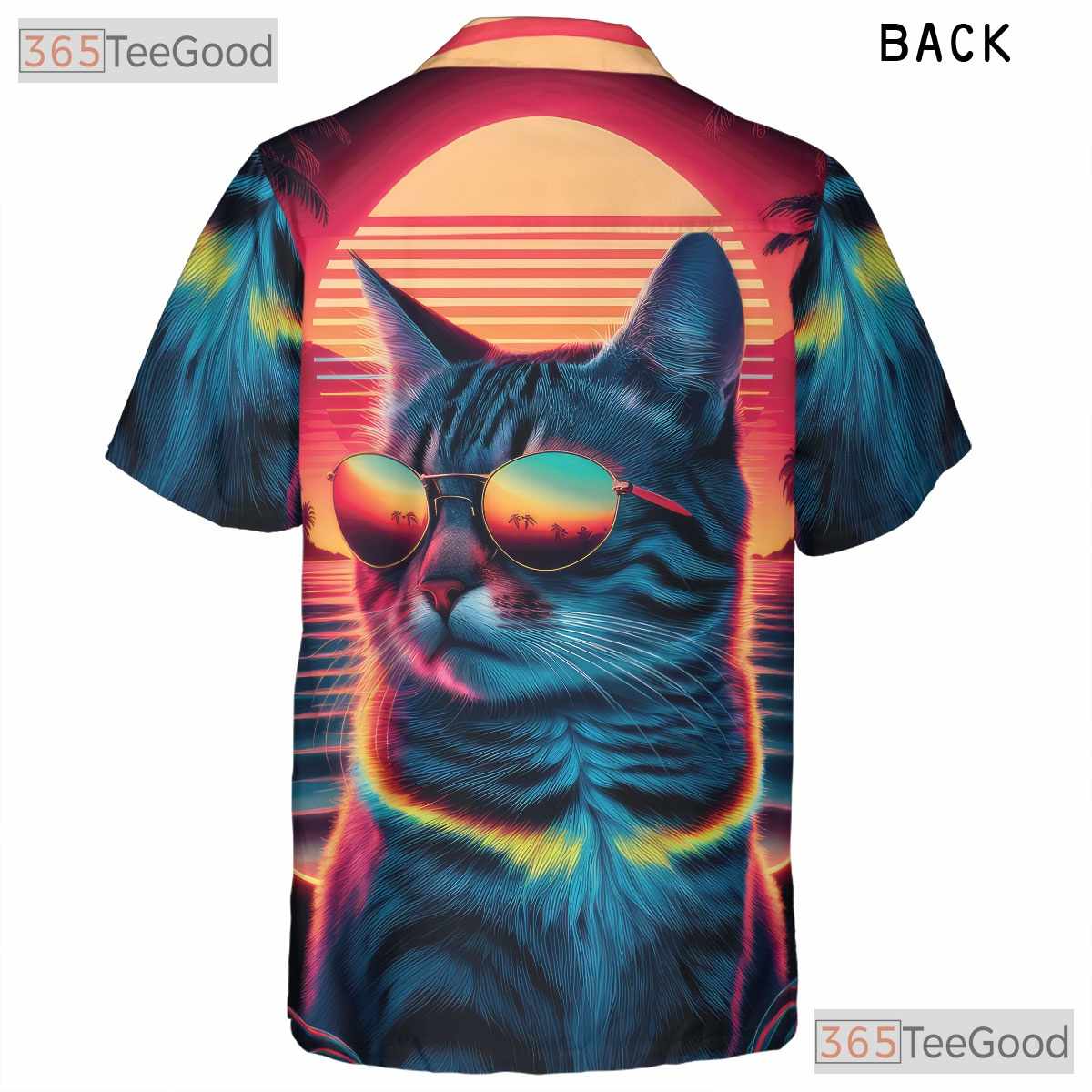 Retro 80s Synthwave Neon Cat Sunset Beach Aesthetic Hawaiian Shirt Unisex