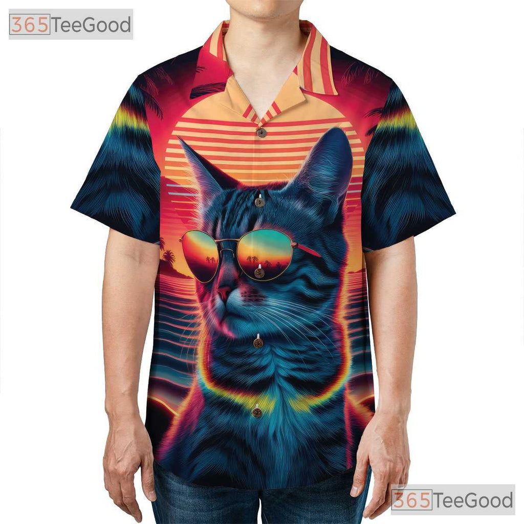 Retro 80s Synthwave Neon Cat Sunset Beach Aesthetic Hawaiian Shirt Unisex