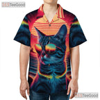 Retro 80s Synthwave Neon Cat Sunset Beach Aesthetic Hawaiian Shirt Unisex