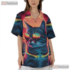 Retro 80s Synthwave Neon Cat Sunset Beach Aesthetic Hawaiian Shirt Unisex