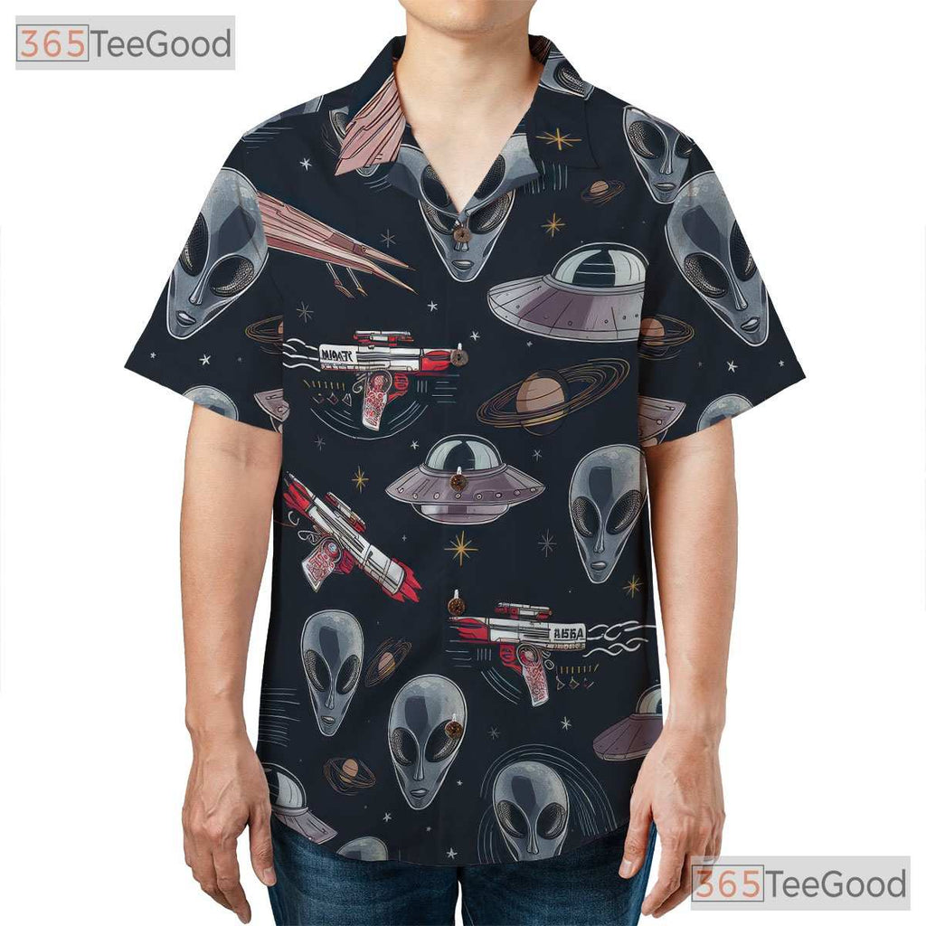 Retro Alien UFO Hawaiian Shirt for Adults - Sci-Fi Cosmic Vacation Style